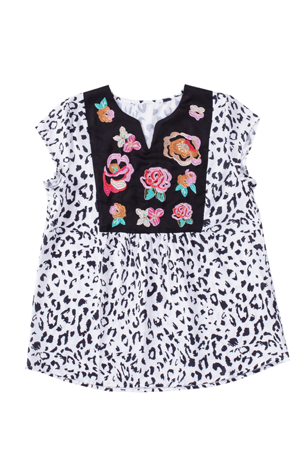 Animal Print Flower Embroidered Tunic Short Sleeve Top