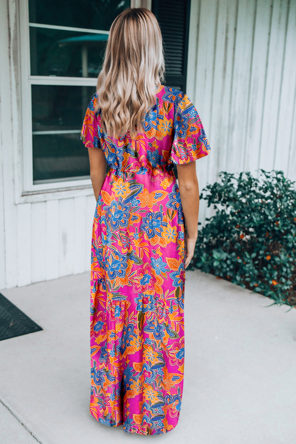 Botanic Print Wrap V Neck Short Sleeve Maxi Dress