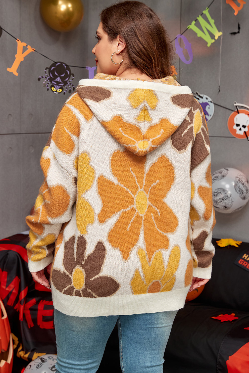 Plus Size Flower Drawstring Hooded Sweater