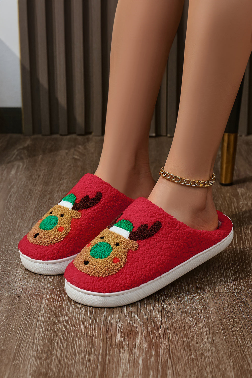 Christmas Reindeer Red Plush Slippers