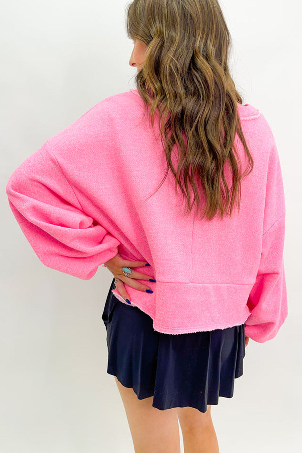 Pink Plain Sleeve Sweatshirt