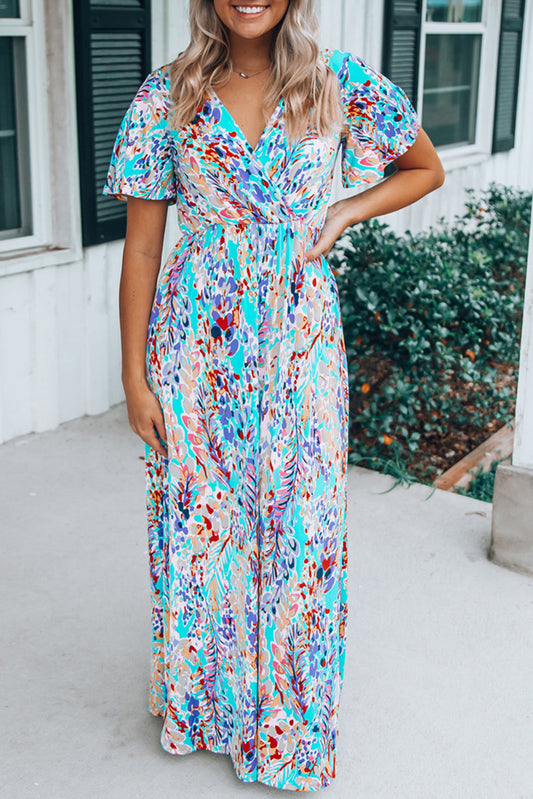 Botanic Print Wrap V Neck Short Sleeve Maxi Dress