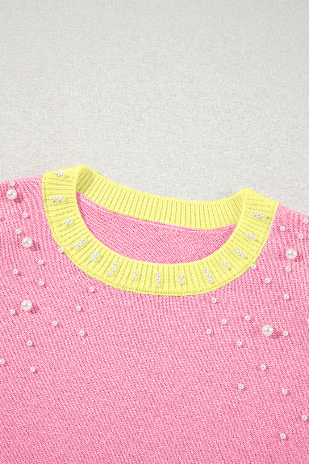 Color Block Pearl Detail Half Sleeve Knit Top