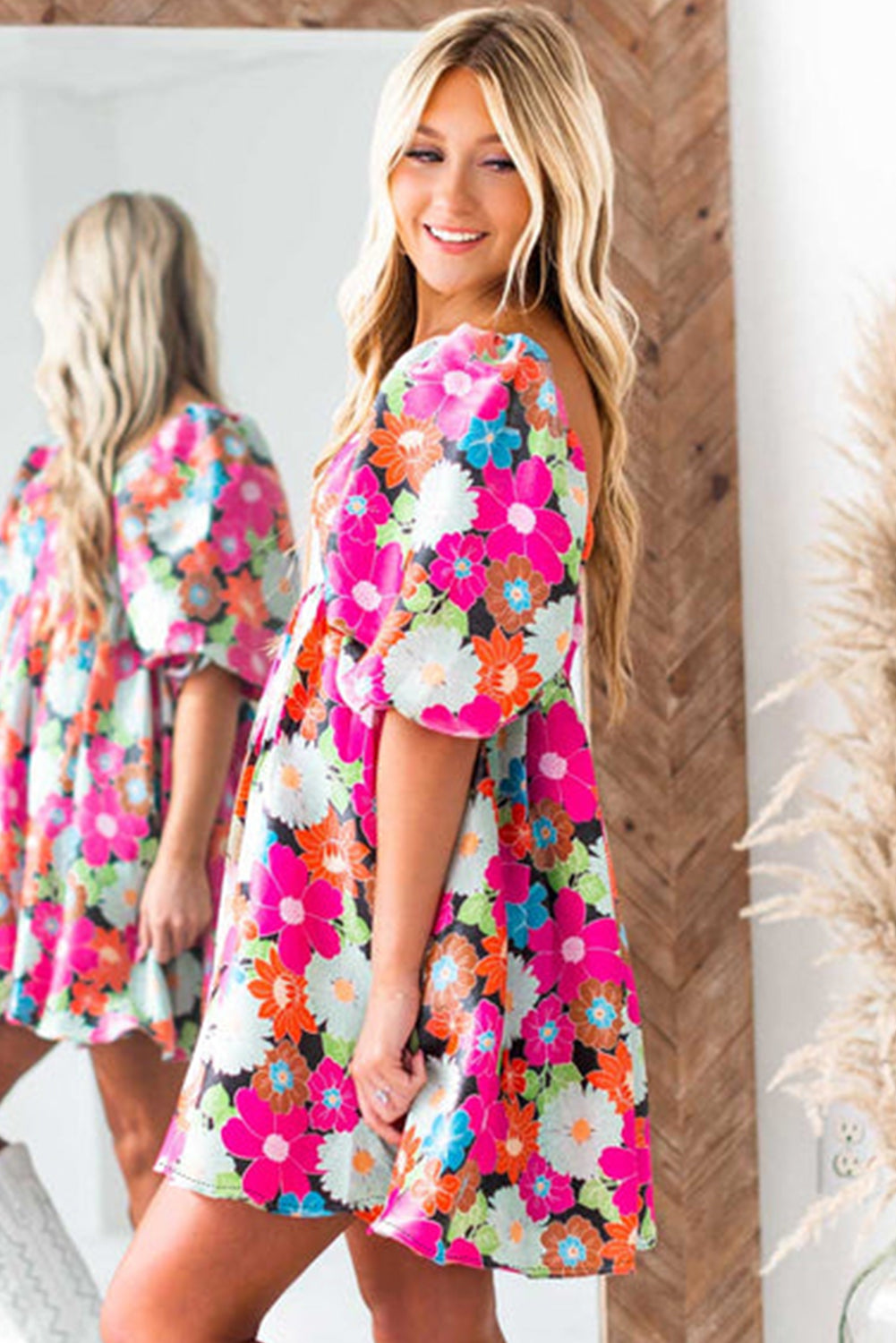 Bright Floral Print Square Neck Dress