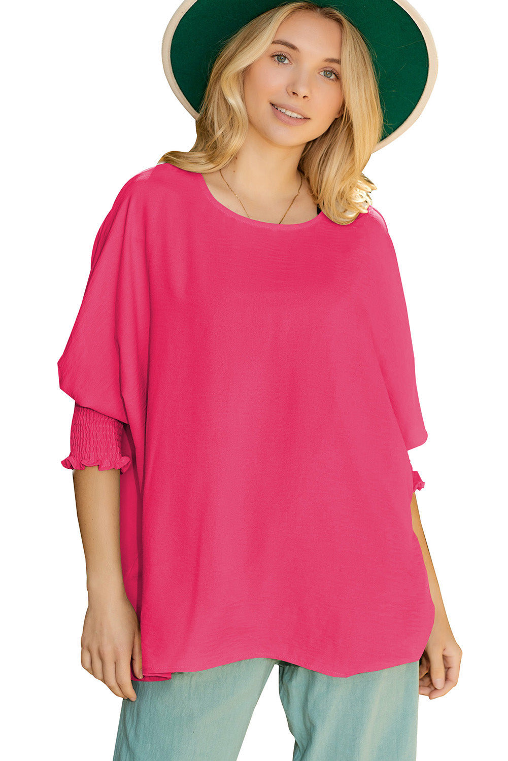 Solid Casual Smocked Cuffs Batwing Sleeve Blouse