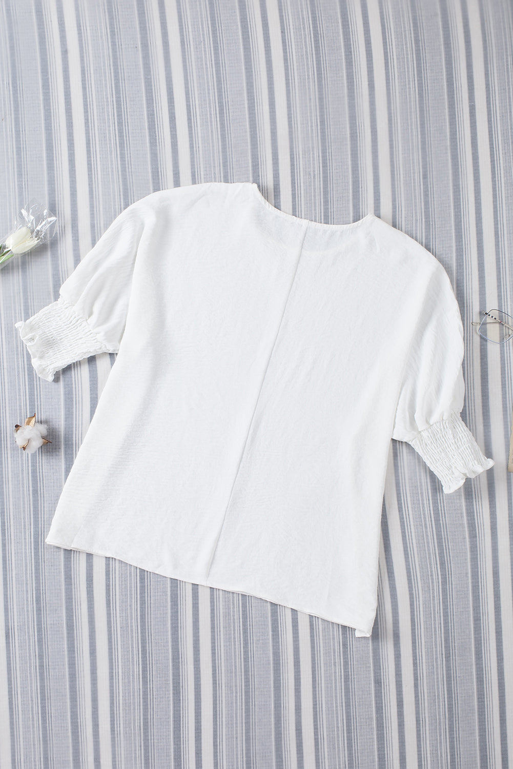 Solid Casual Smocked Cuffs Batwing Sleeve Blouse