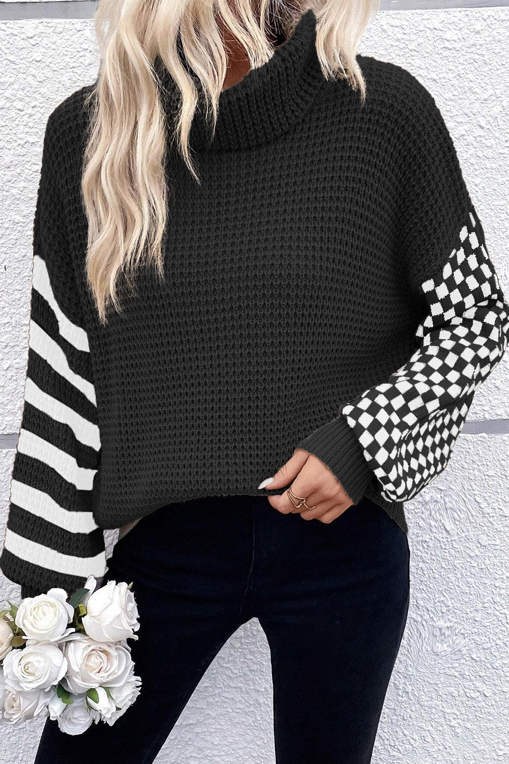 Patchwork Waffle Knit Turtleneck Sweater