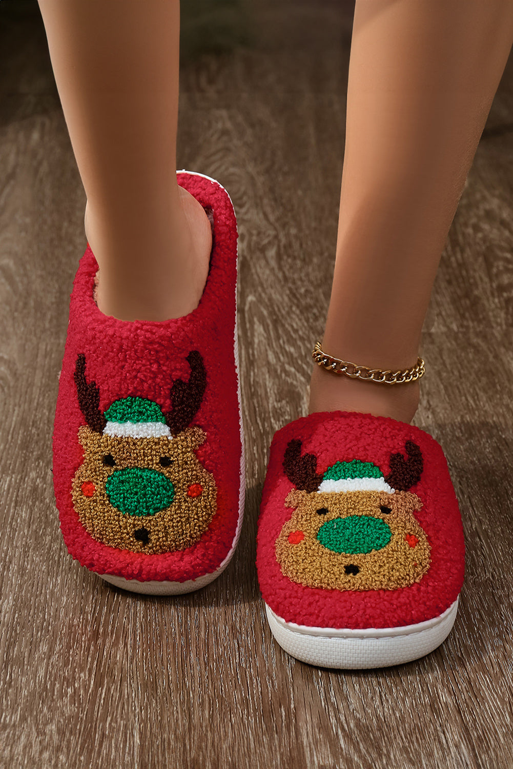 Christmas Reindeer Red Plush Slippers