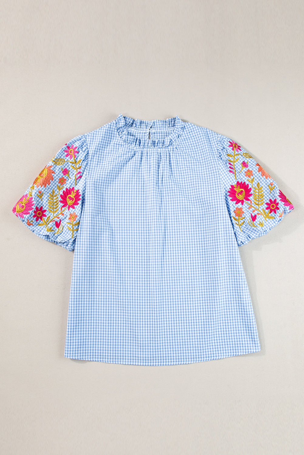 Blue Flower Embroidered Puff Sleeve Blouse