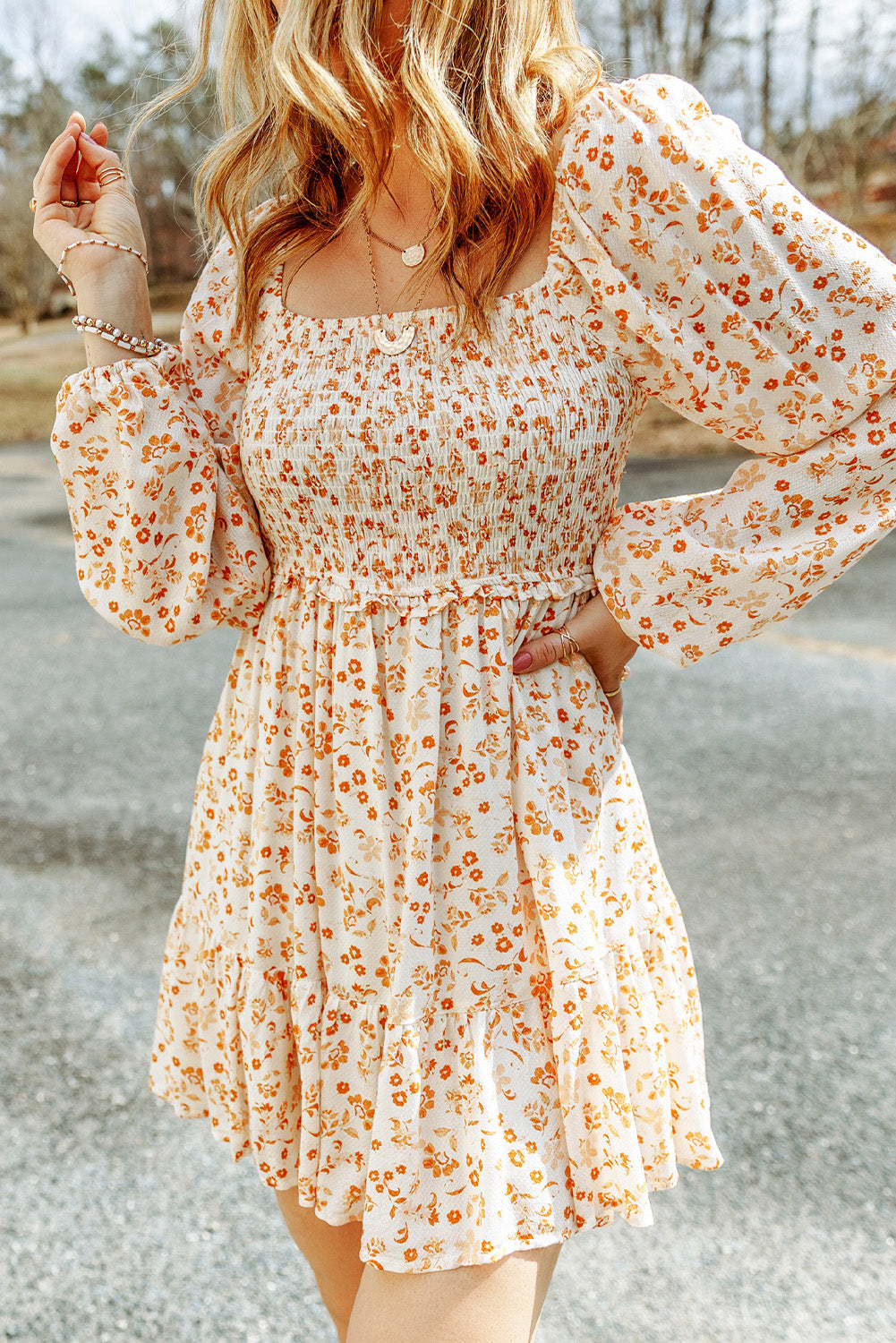 Boho Floral Smocked Puff Sleeve Short Dress