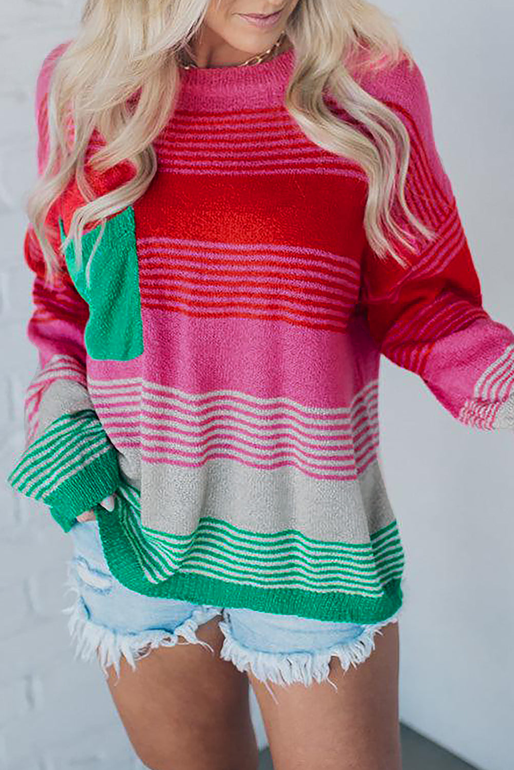 Striped Pocket Drop Shoulder Knit Sweater