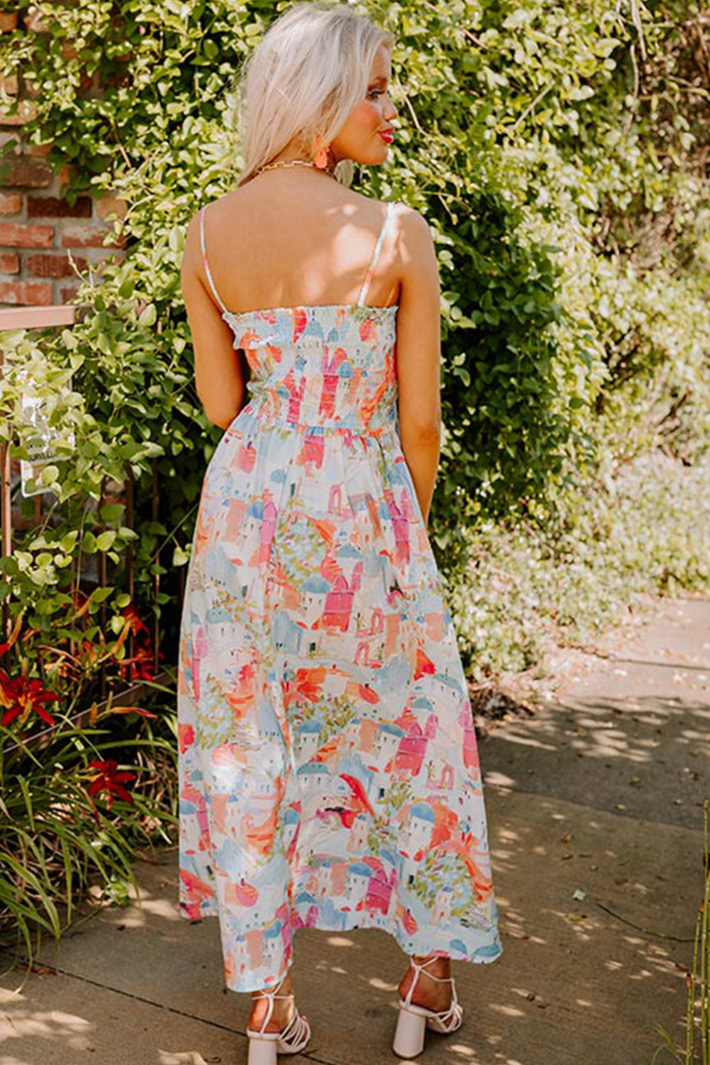 White Fairy Town Print Smocked Sundress