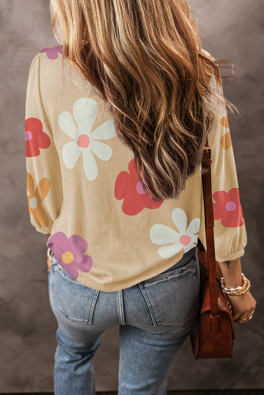 Flower Print Ruched Bracelet Sleeve Top