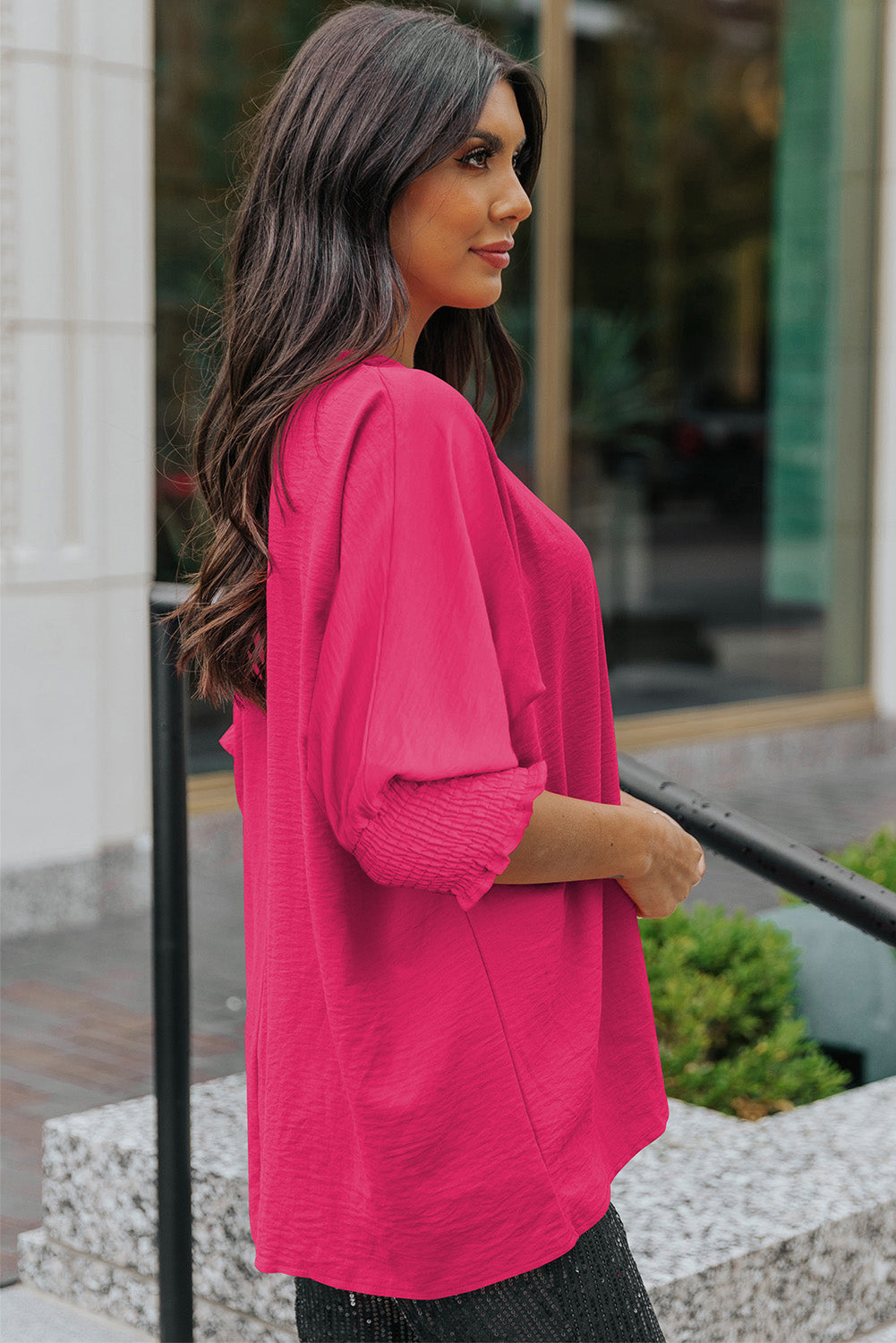 Solid Casual Smocked Cuffs Batwing Sleeve Blouse