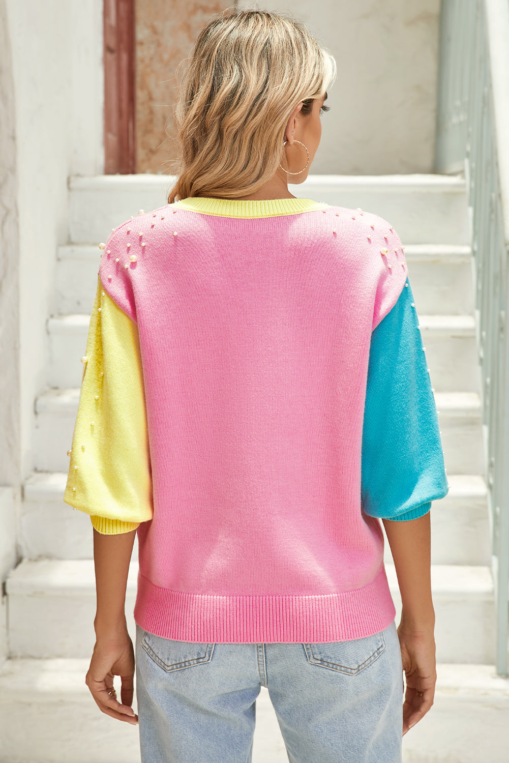 Color Block Pearl Detail Half Sleeve Knit Top