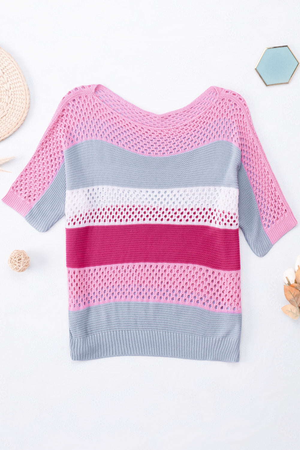 Knitted Eyelet Colorblock Striped Half Sleeves Top