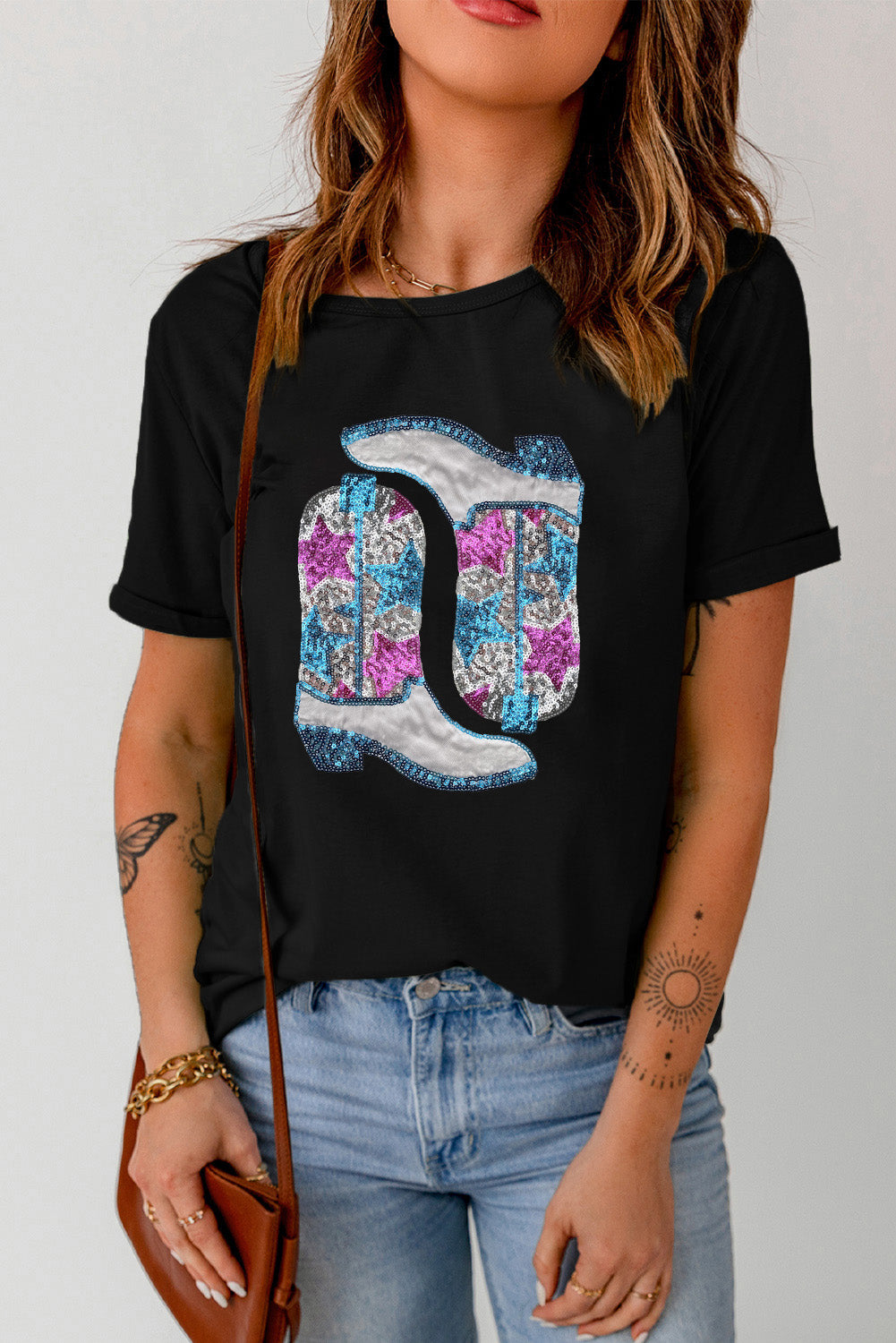 Sequin Boots Stars Graphic Round Neck T Shirt