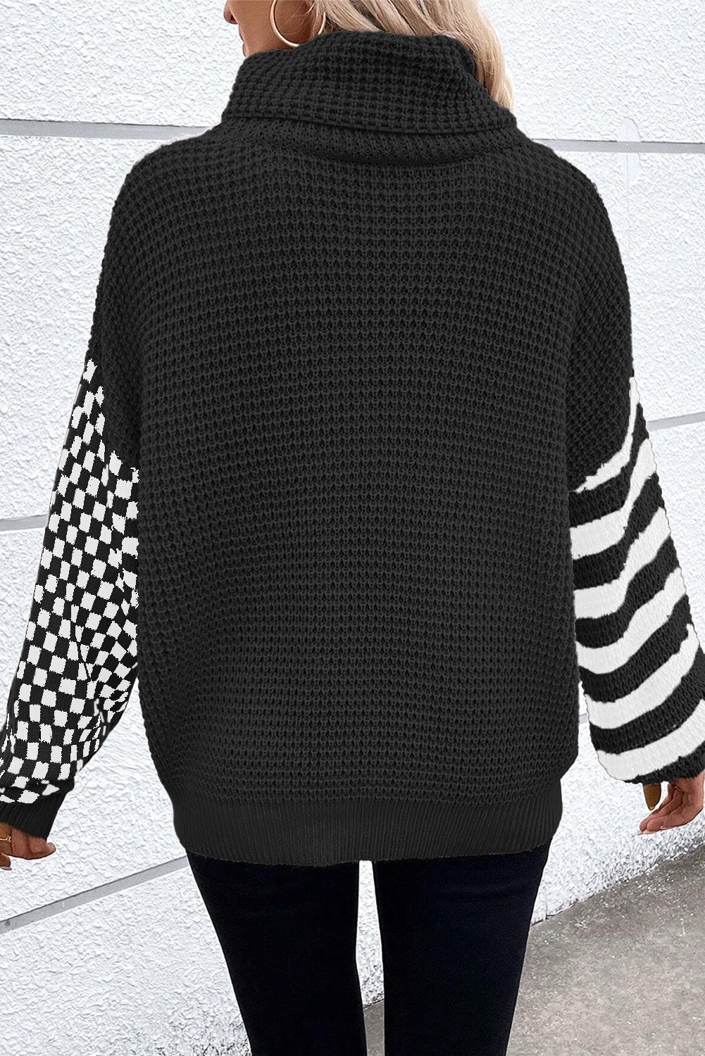 Patchwork Waffle Knit Turtleneck Sweater