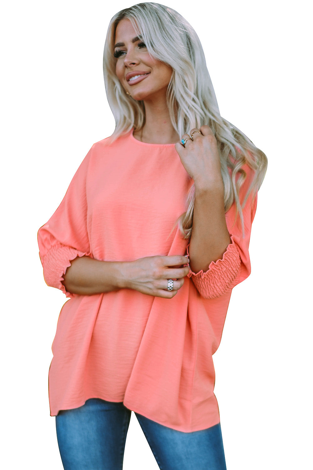 Solid Casual Smocked Cuffs Batwing Sleeve Blouse