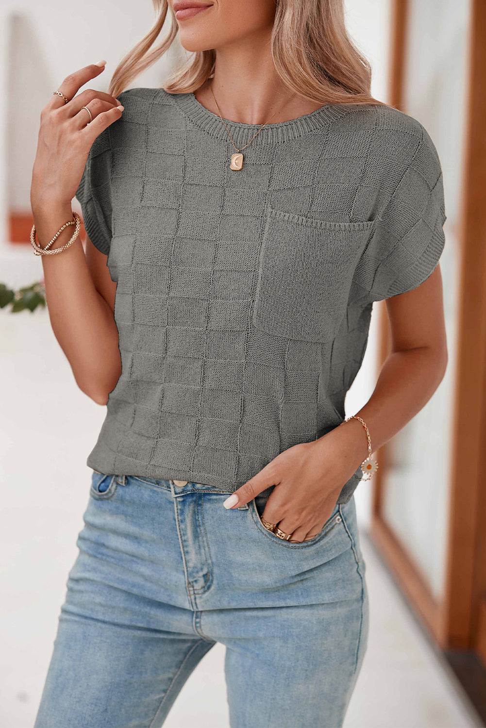 Lattice Textured Knit Blouse