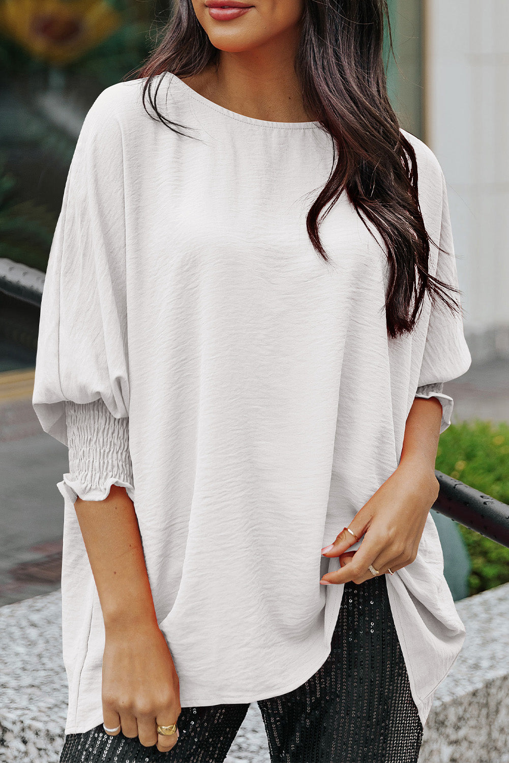 Solid Casual Smocked Cuffs Batwing Sleeve Blouse