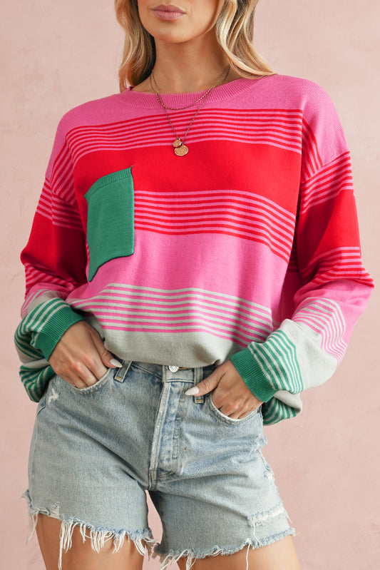 Striped Pocket Drop Shoulder Knit Sweater