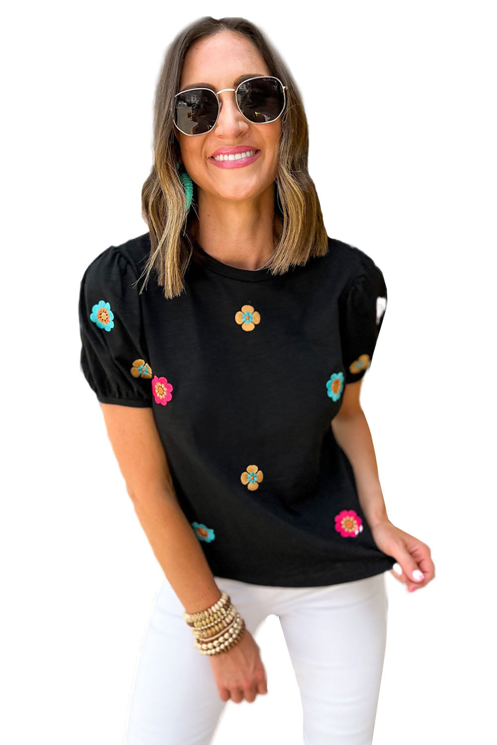 Embroidered Flower Short Puff Sleeve Tee