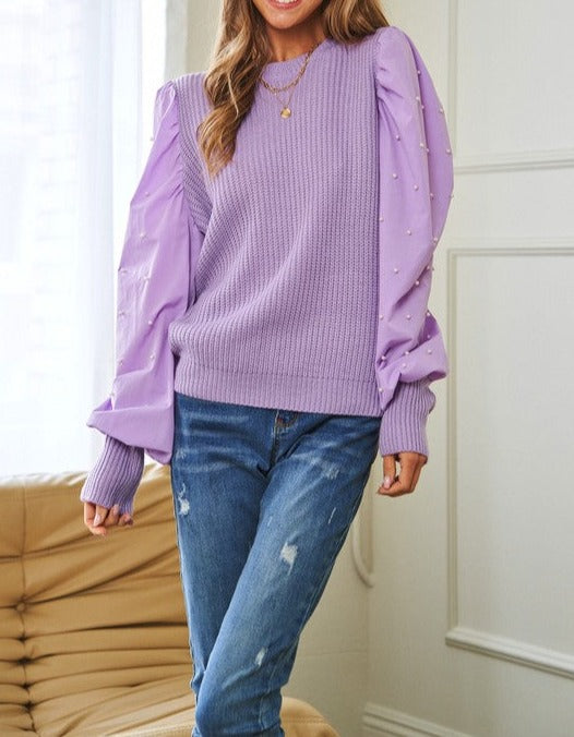 Pearl Embellishments Contrast Sleeves Sweater