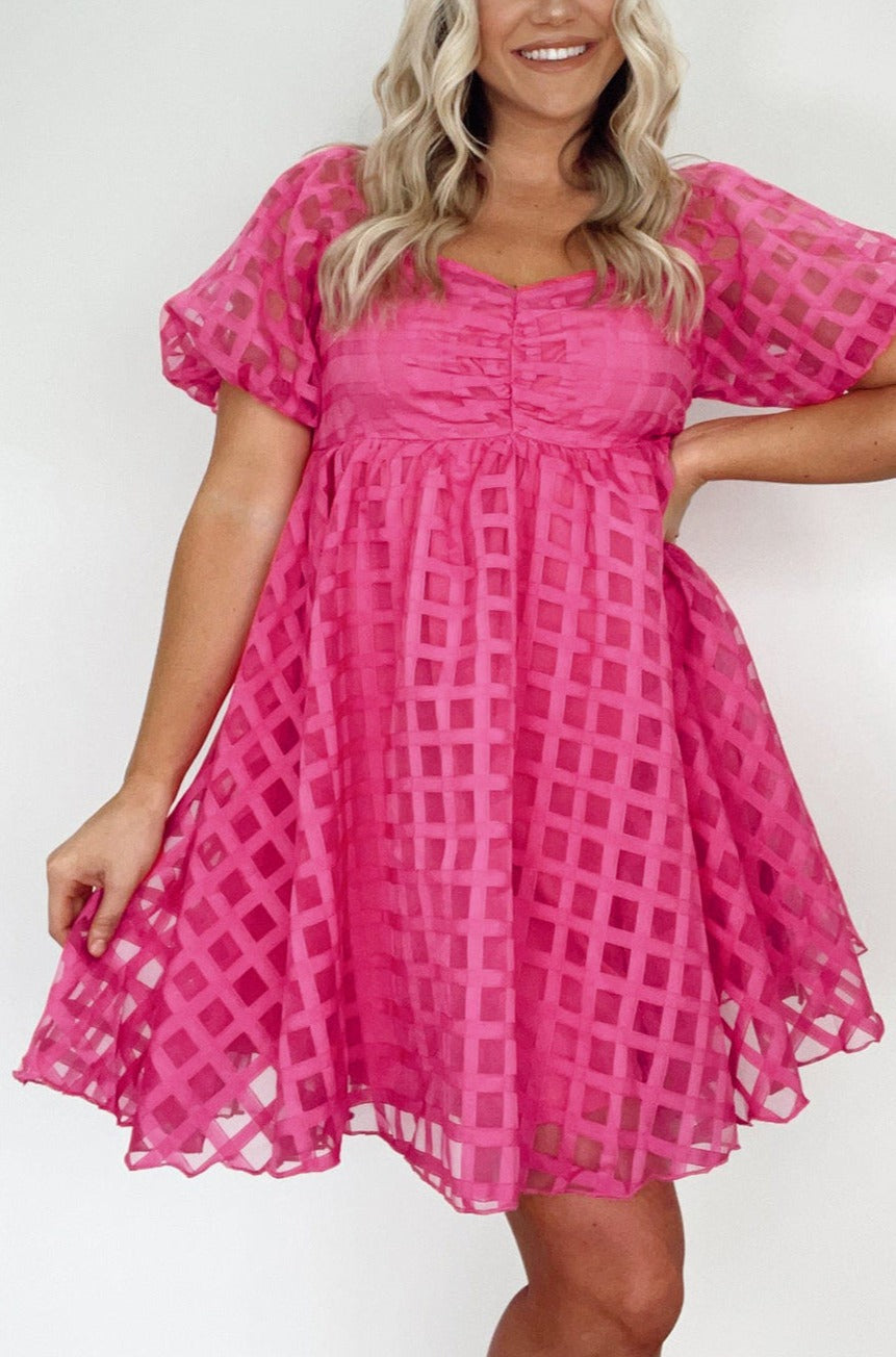 Pink Checkered Puff Sleeve Babydoll Dress