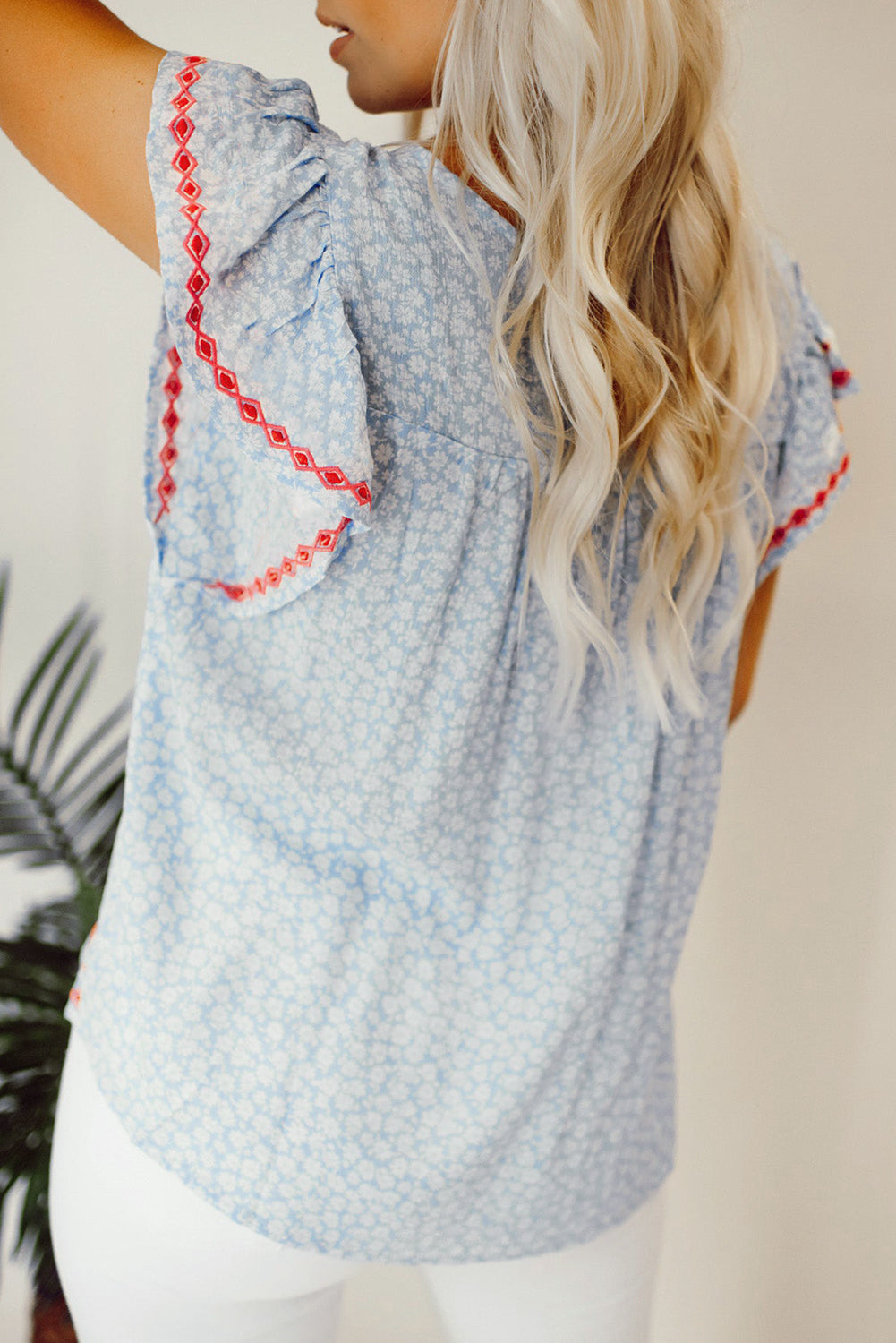 Boho Embroidered Flutter Sleeve Blouse