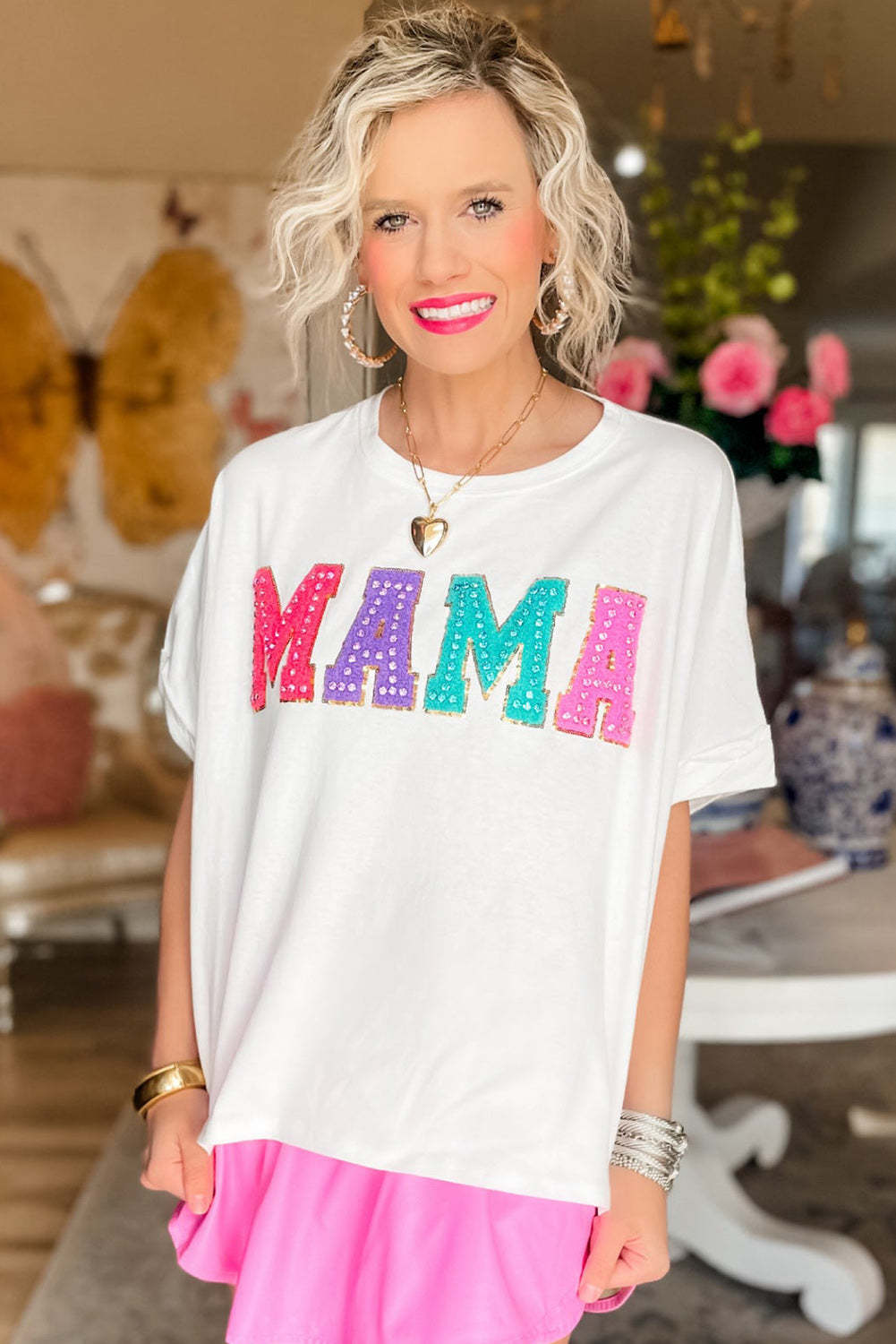 MAMA Chenille Patched Crew Neck T Shirt