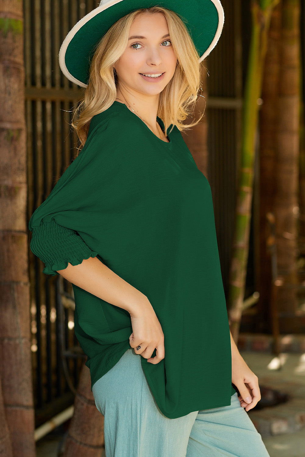 Solid Casual Smocked Cuffs Batwing Sleeve Blouse