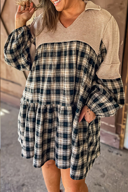 Plaid Waffle Patchwork Plus Size Dress