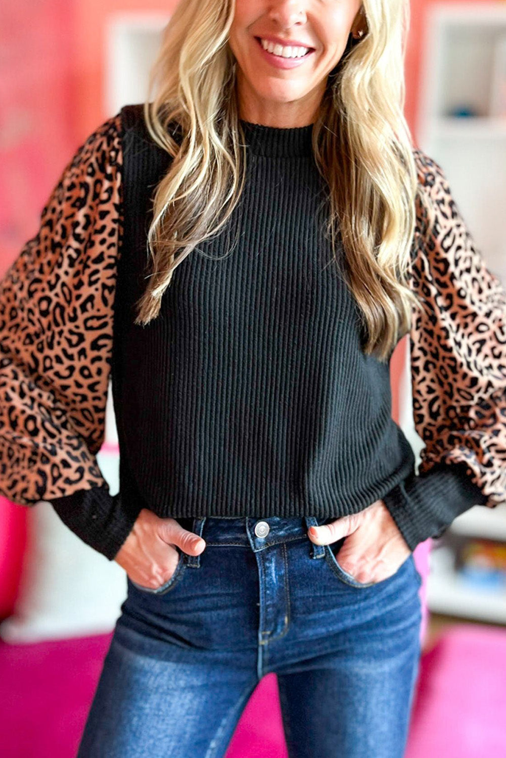 Leopard Print Long Sleeve Knit Blouse