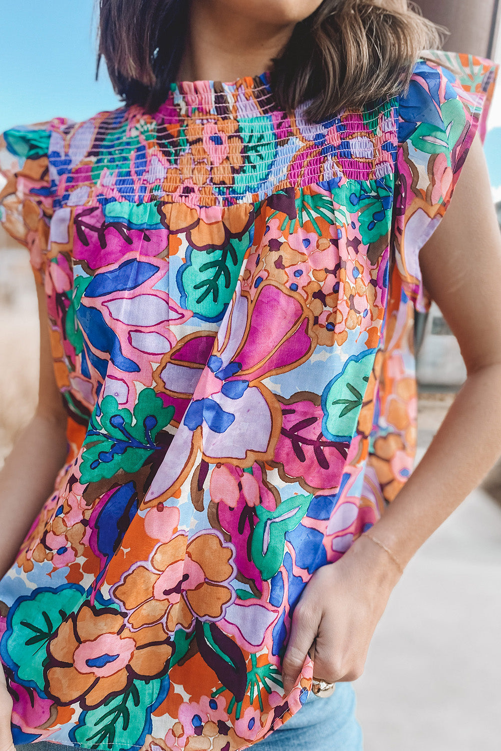 Floral Ruffle Sleeveless Smocked Blouse