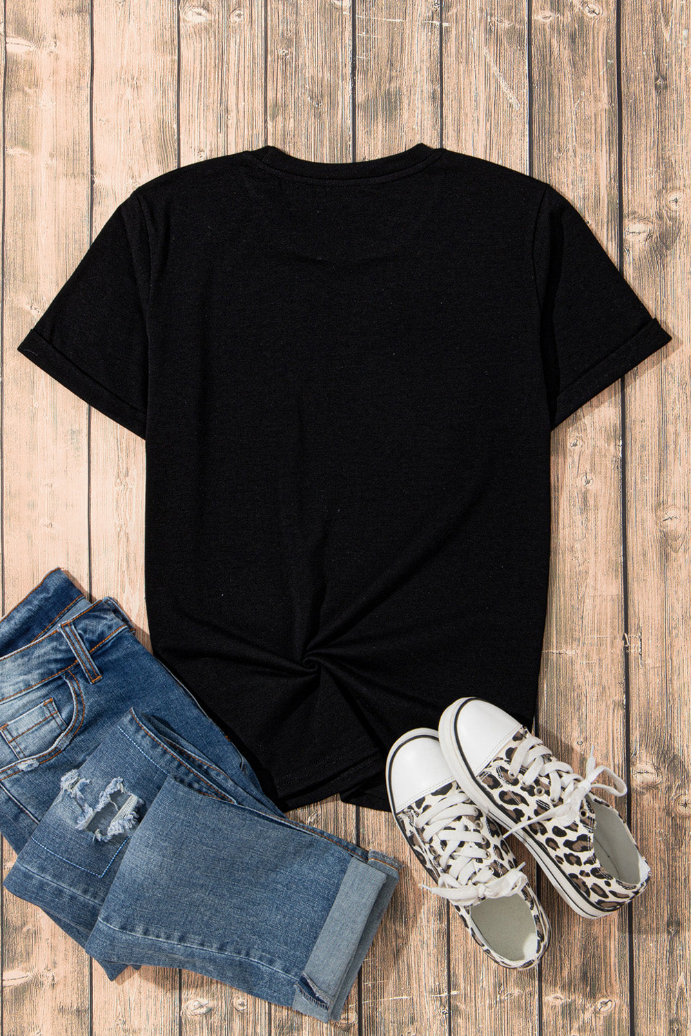 Sequin Boots Stars Graphic Round Neck T Shirt