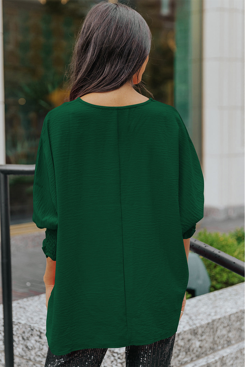 Solid Casual Smocked Cuffs Batwing Sleeve Blouse