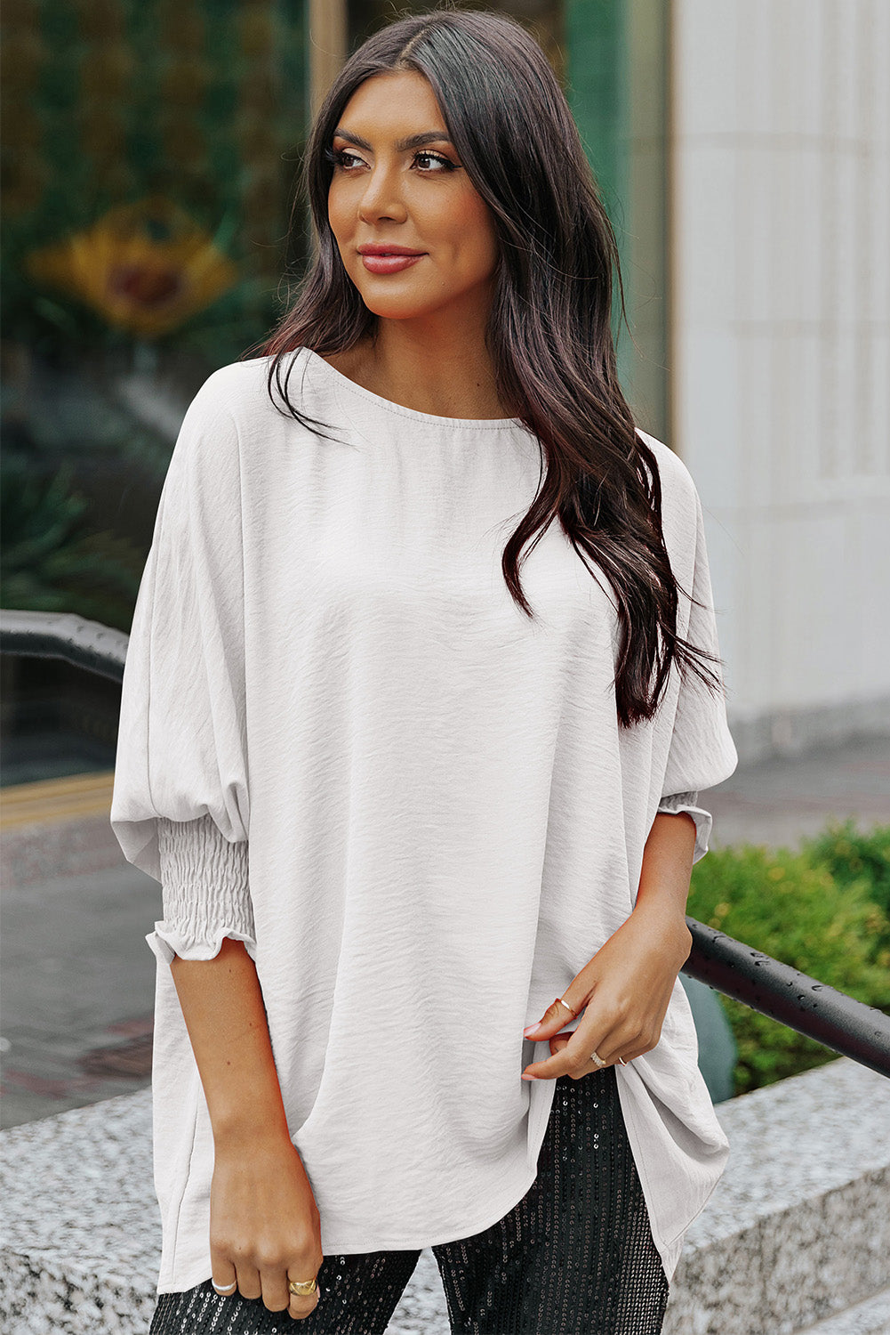 Solid Casual Smocked Cuffs Batwing Sleeve Blouse