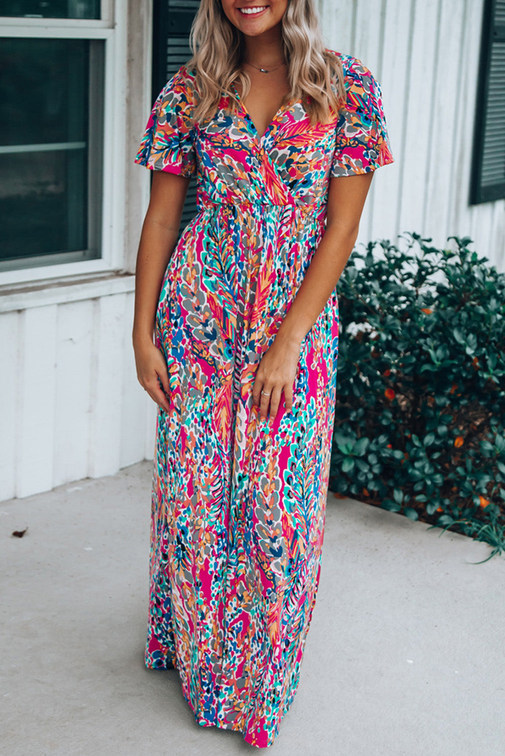 Botanic Print Wrap V Neck Short Sleeve Maxi Dress