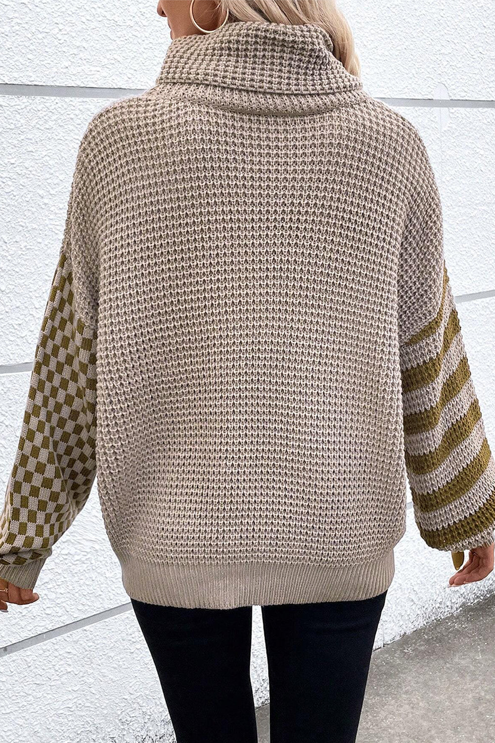 Patchwork Waffle Knit Turtleneck Sweater