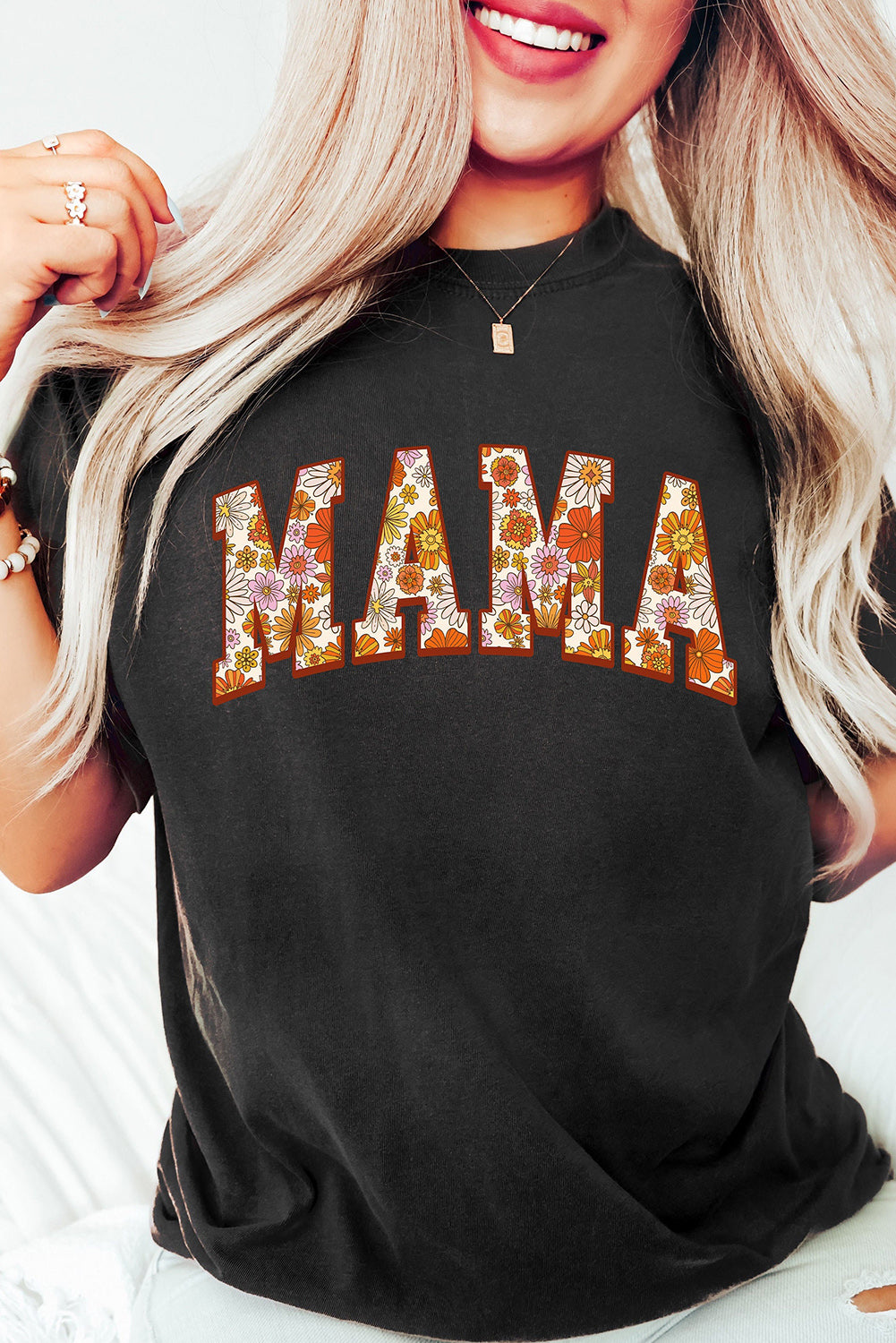 Flower Printed MAMA Graphic T Shirt