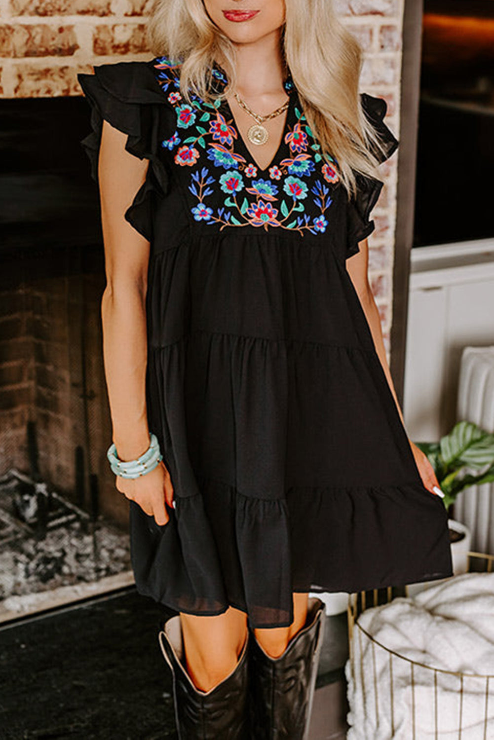 Floral Embroidered Babydoll Tiered Dress