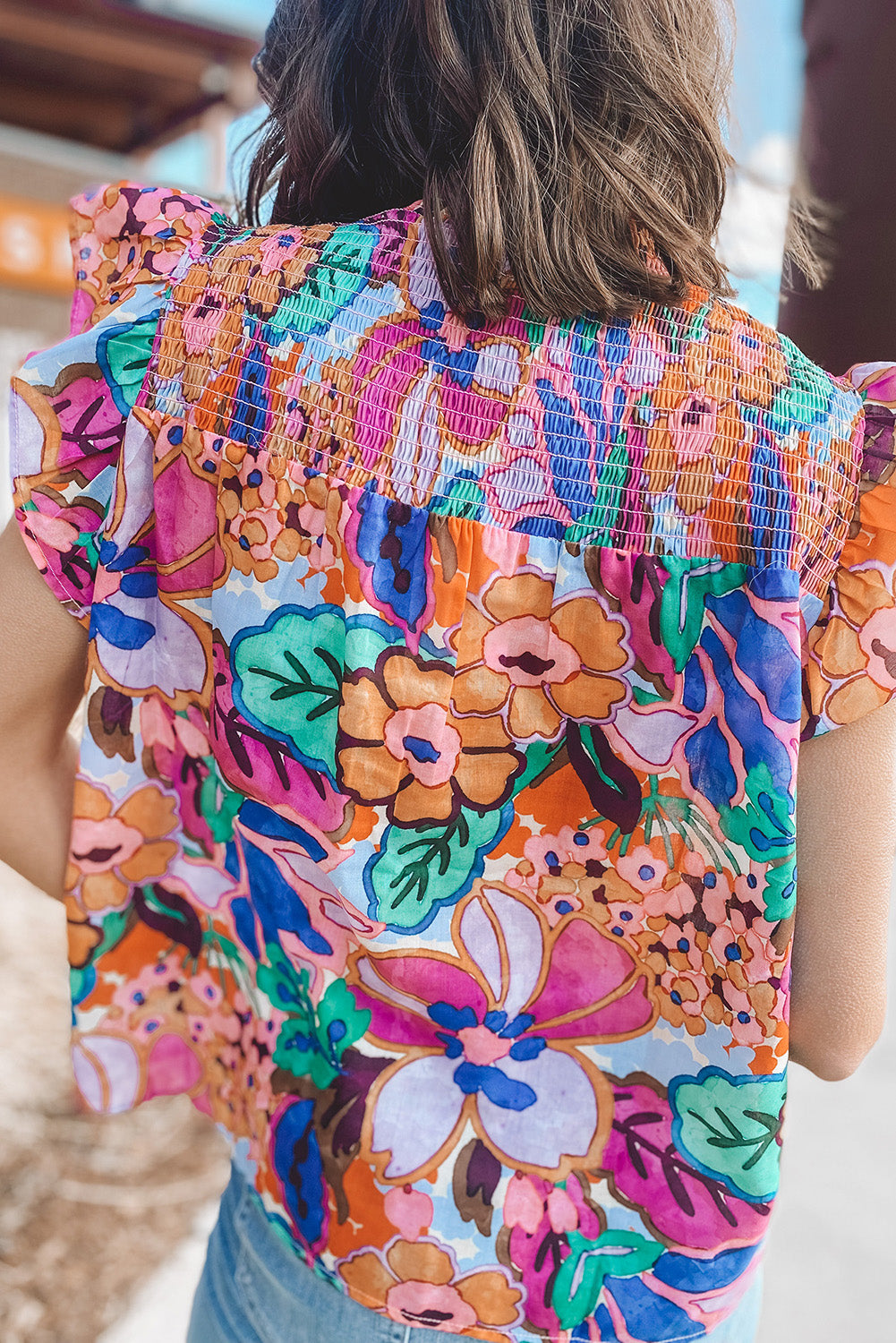 Floral Ruffle Sleeveless Smocked Blouse