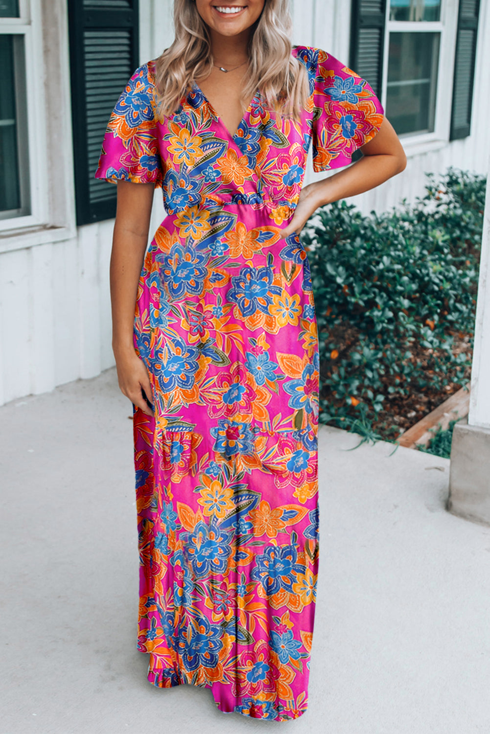 Botanic Print Wrap V Neck Short Sleeve Maxi Dress