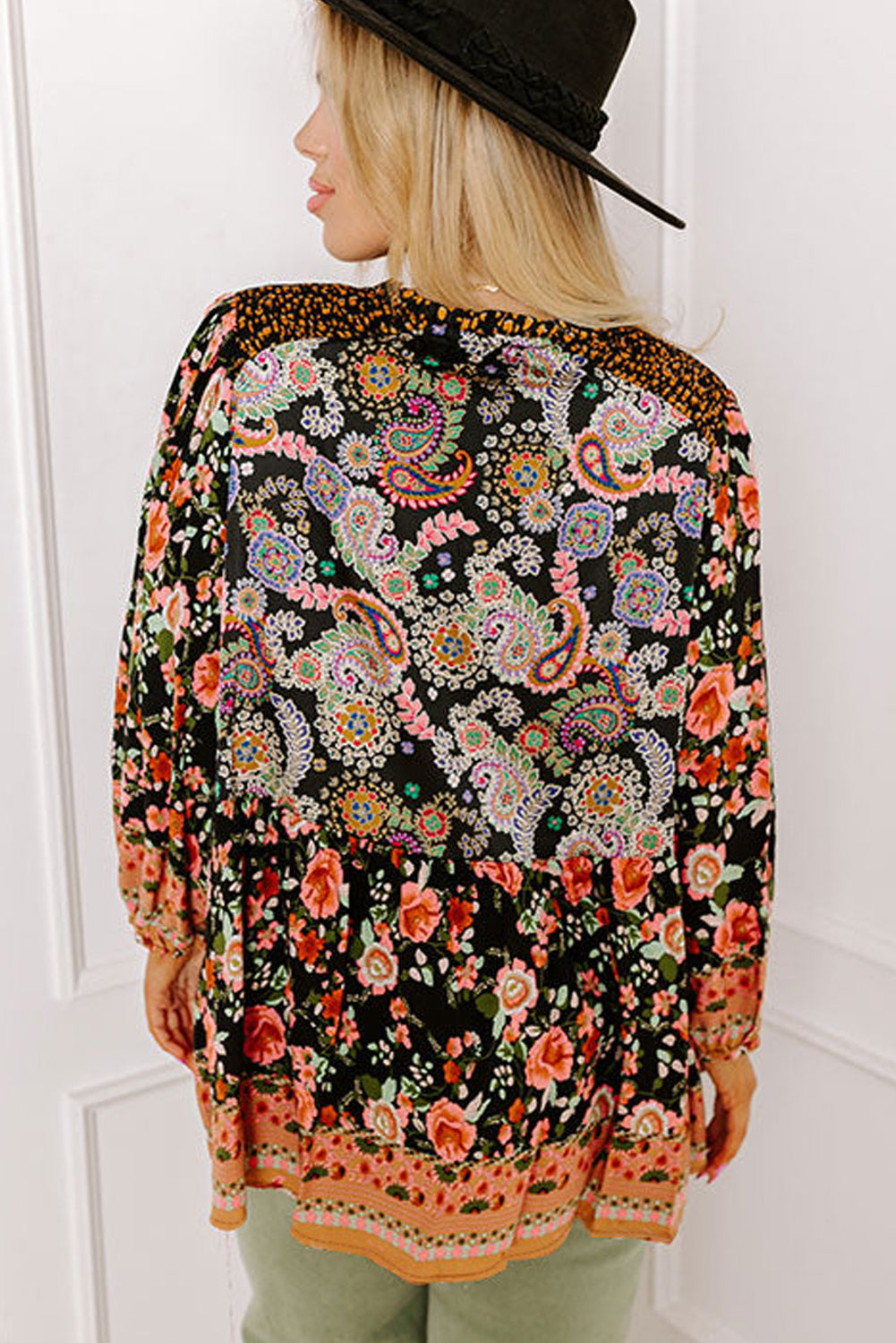 Plus Size Paisley Bubble Sleeve Blouse