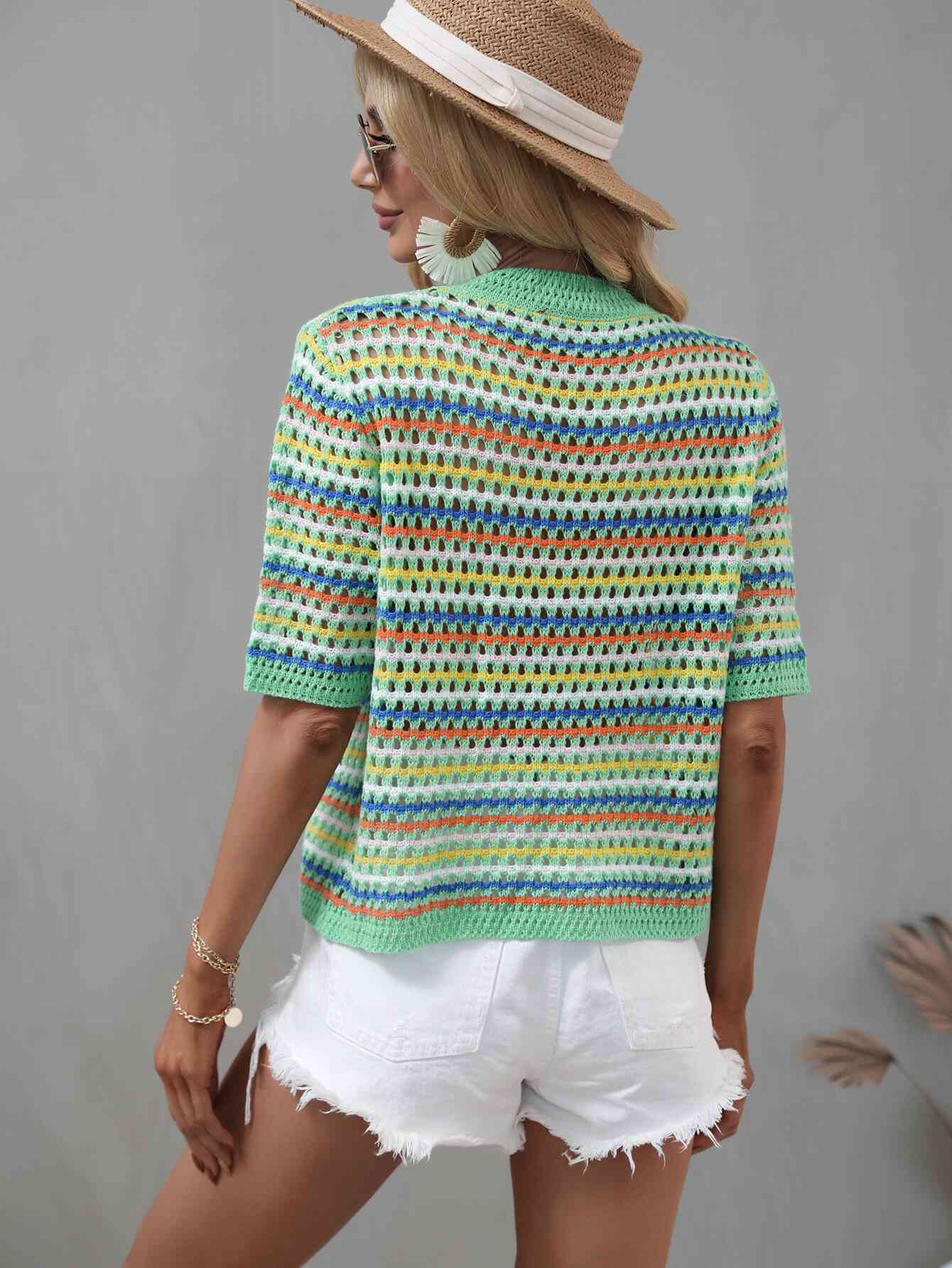 Striped Crochet Half Sleeve Knit Top