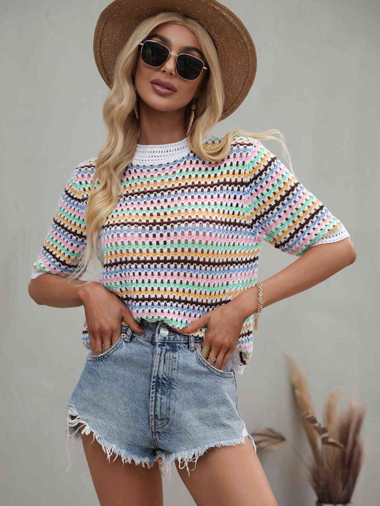 Striped Crochet Half Sleeve Knit Top