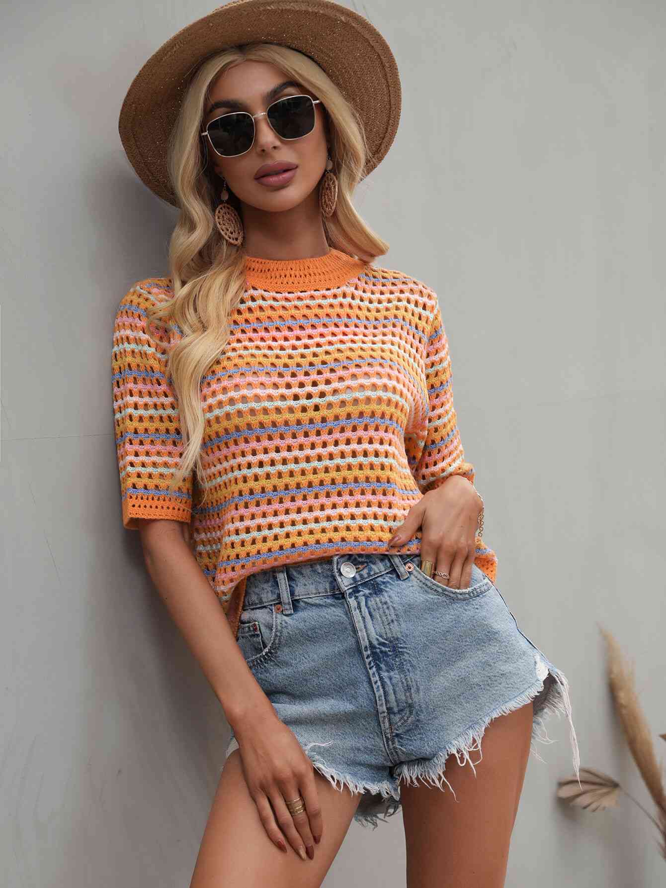 Striped Crochet Half Sleeve Knit Top