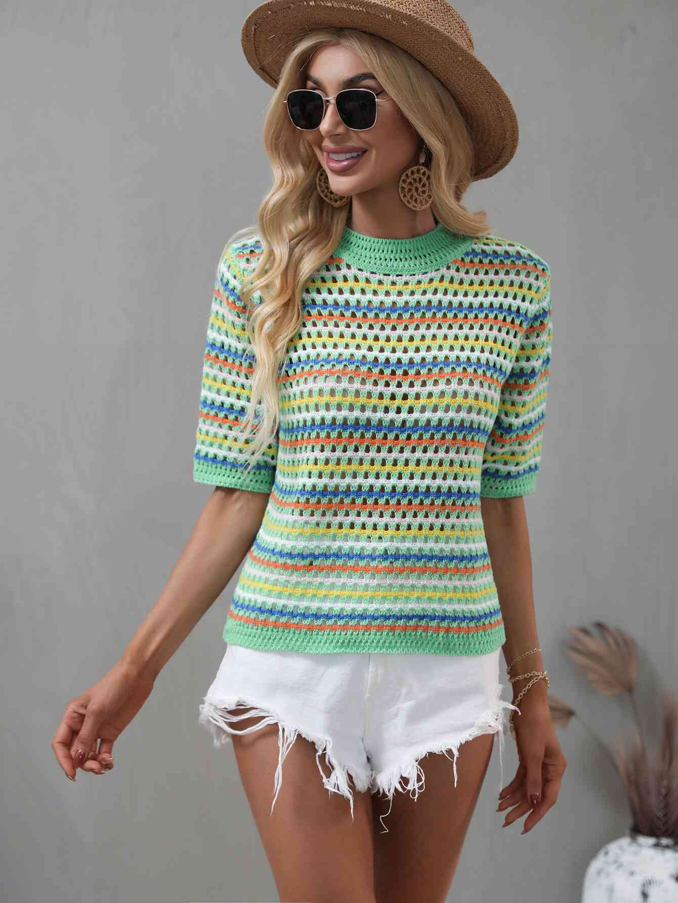 Striped Crochet Half Sleeve Knit Top