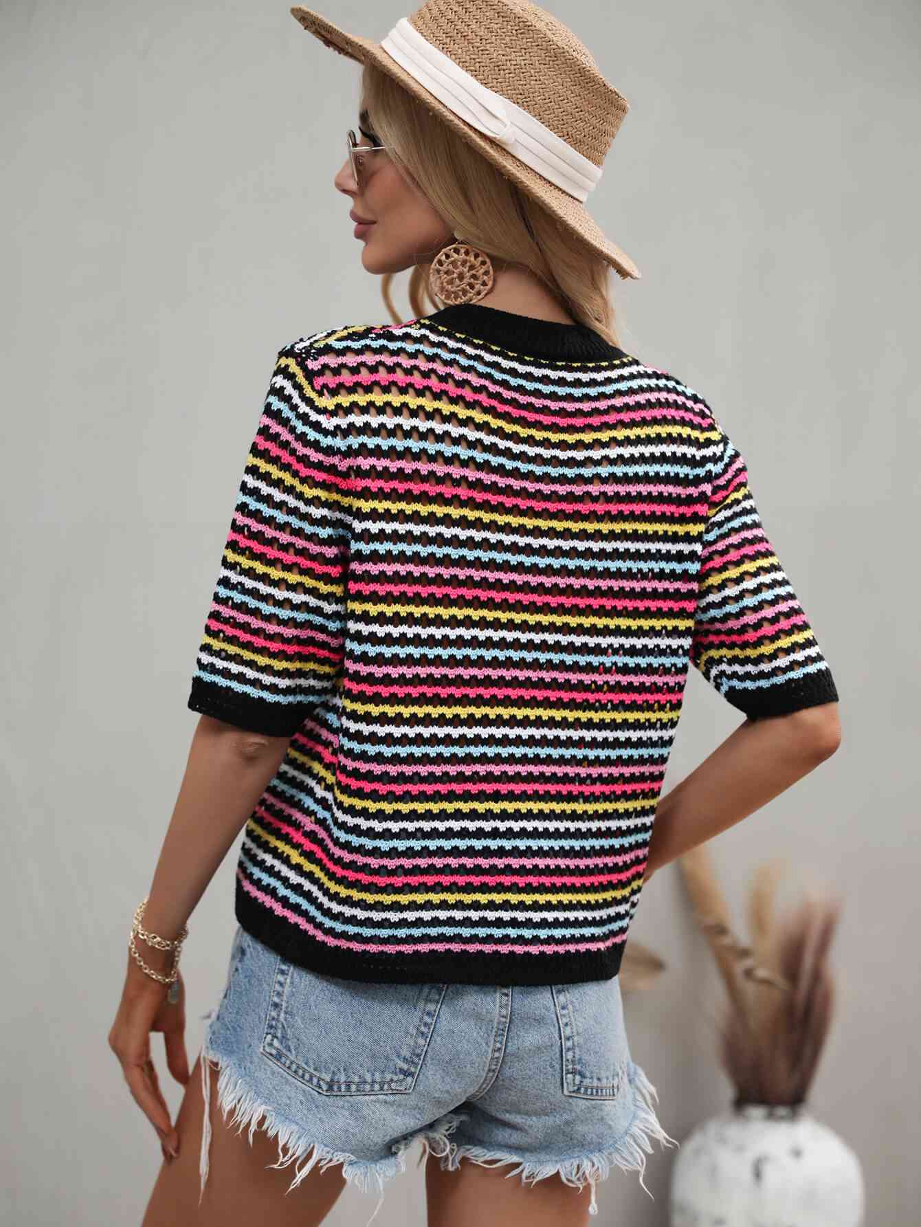 Striped Crochet Half Sleeve Knit Top